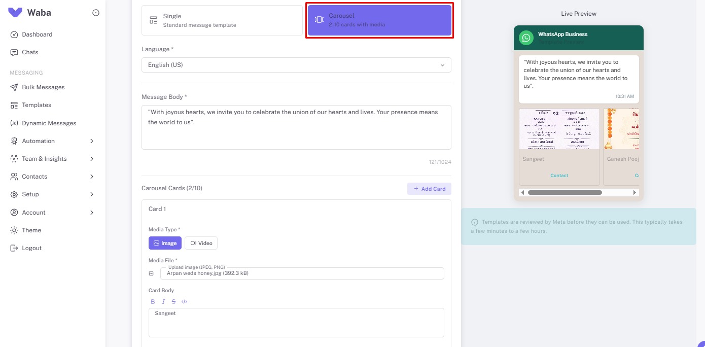 Carousel Templates — WhatsApp Business API Multi-Card Messaging with Image & Video