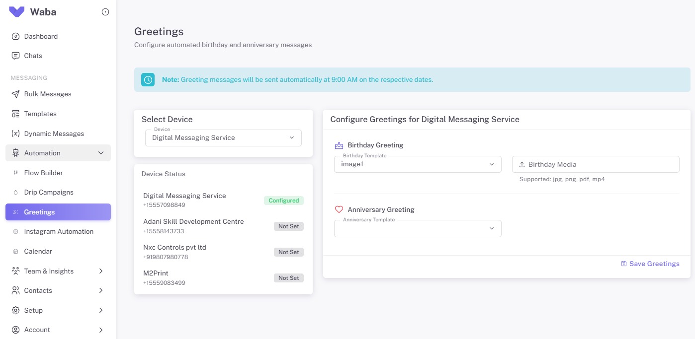 Greeting Messages — WhatsApp Business API Automated Birthday & Anniversary Wishes