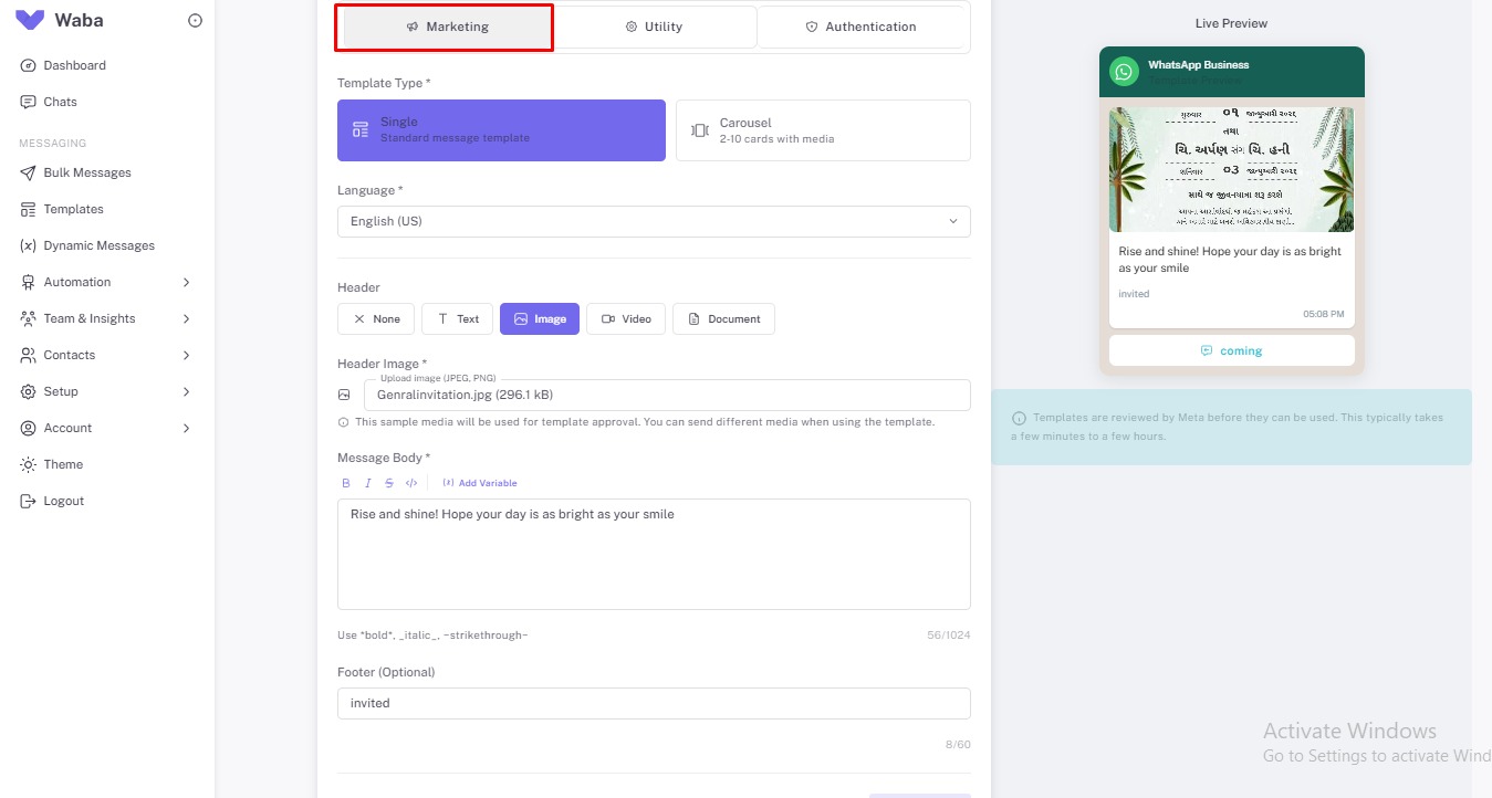 Marketing Templates — WhatsApp Business API Single & Carousel Templates with Image, Video & Document