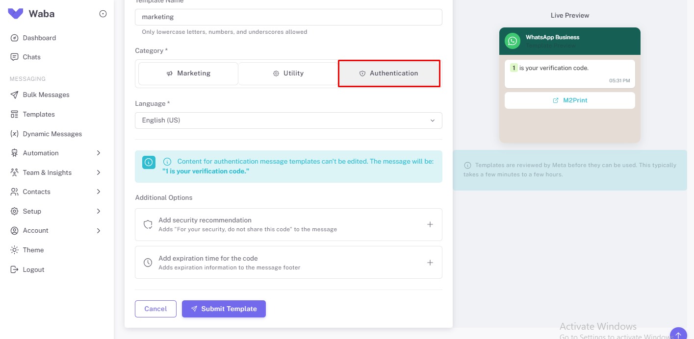 Authentication Templates — WhatsApp Business API OTP & Verification Code Templates