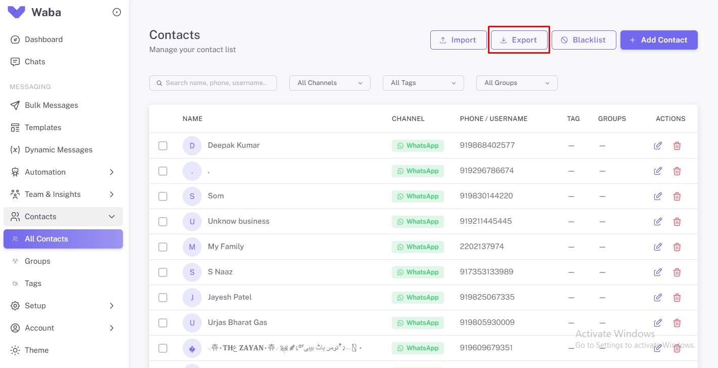 Contact Management & Data Export — WhatsApp Business API Contact List with Import, Export & Blacklist